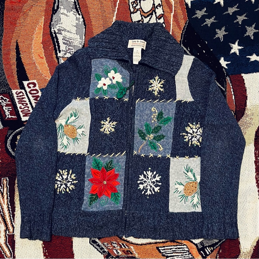 Vintage Carly St. Claire Holiday Zip Up Cardigan (M)